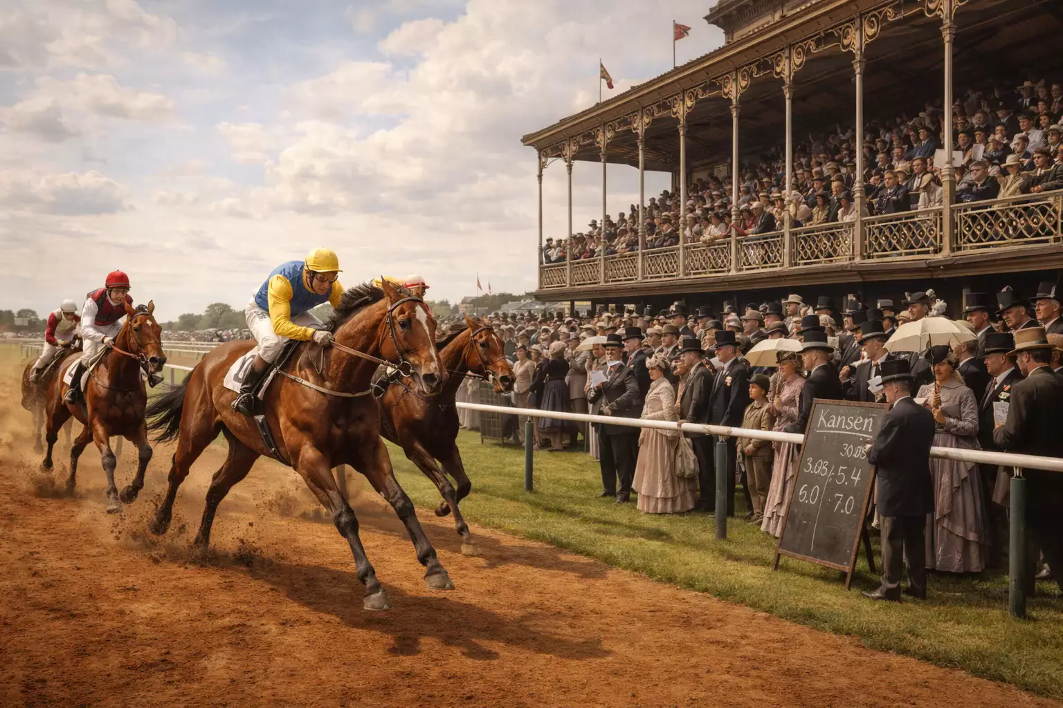 Victoriaanse renbaan in Engeland met elegante toeschouwers en rennende paarden