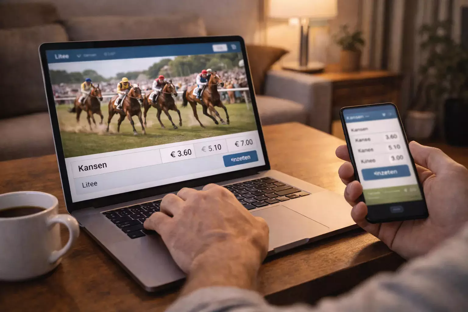 Persoon bekijkt paardenraces en quoteringen op een laptop thuis