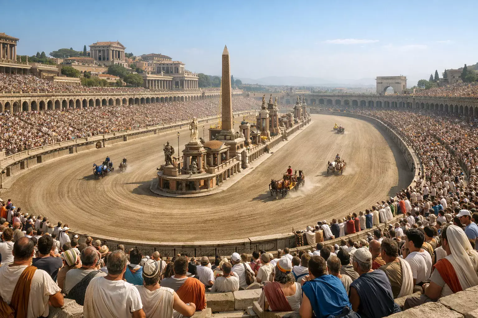 Het Circus Maximus in Rome gevuld met toeschouwers tijdens een paardenrace