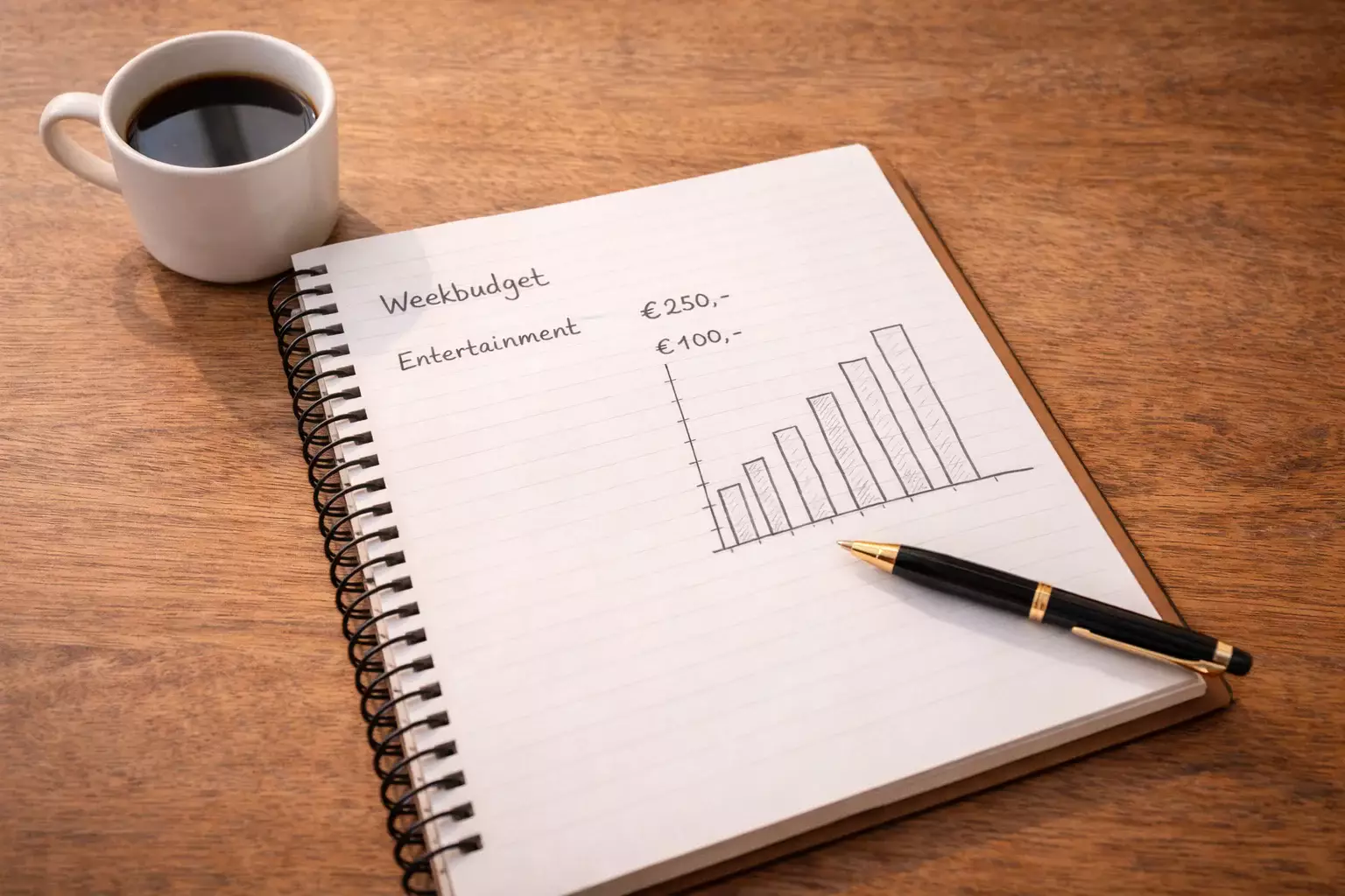 Notitieboekje met geschreven budget voor verantwoord gokken naast een pen