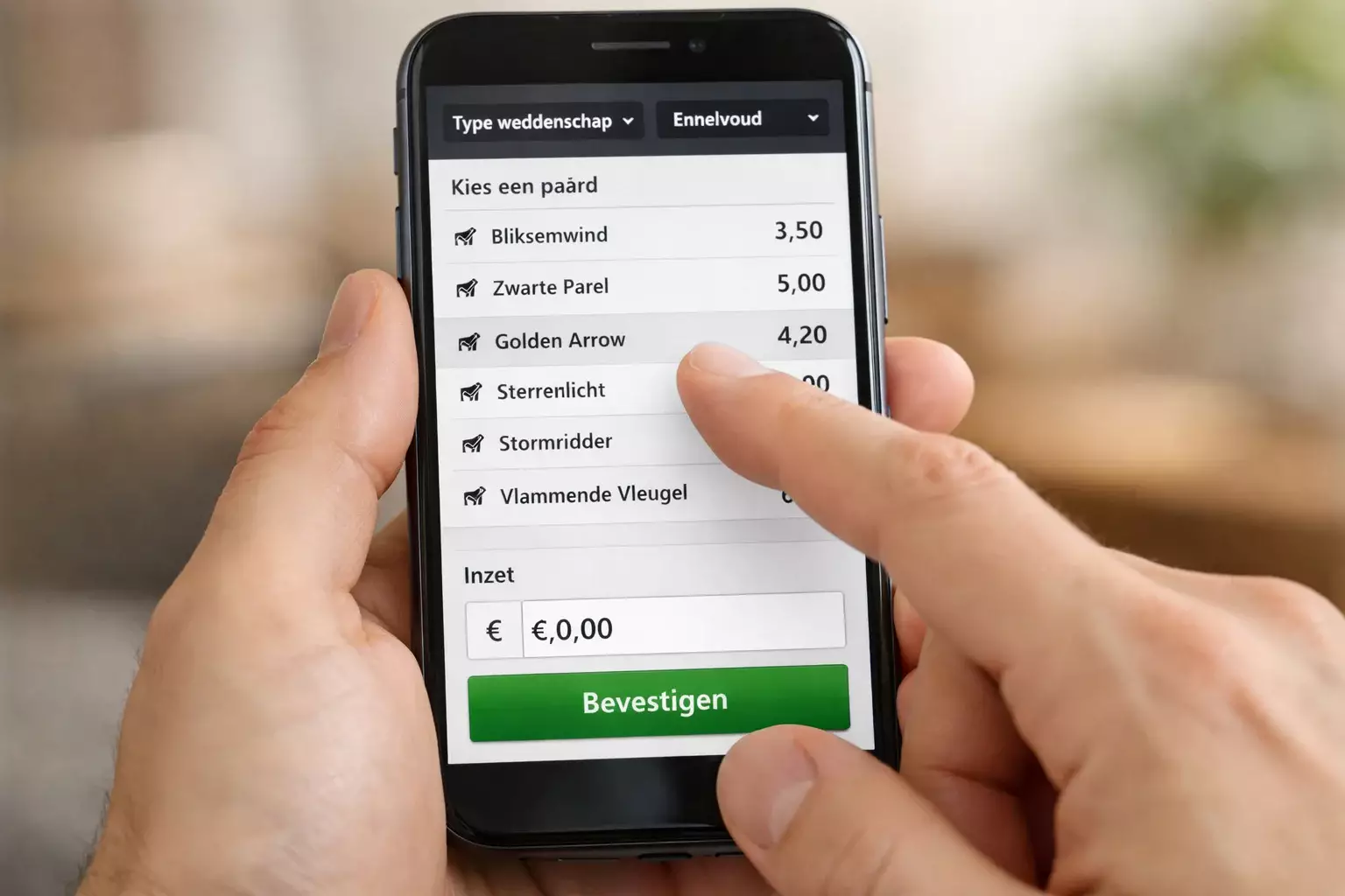 Scherm van een smartphone met wedopties voor een paardenrace