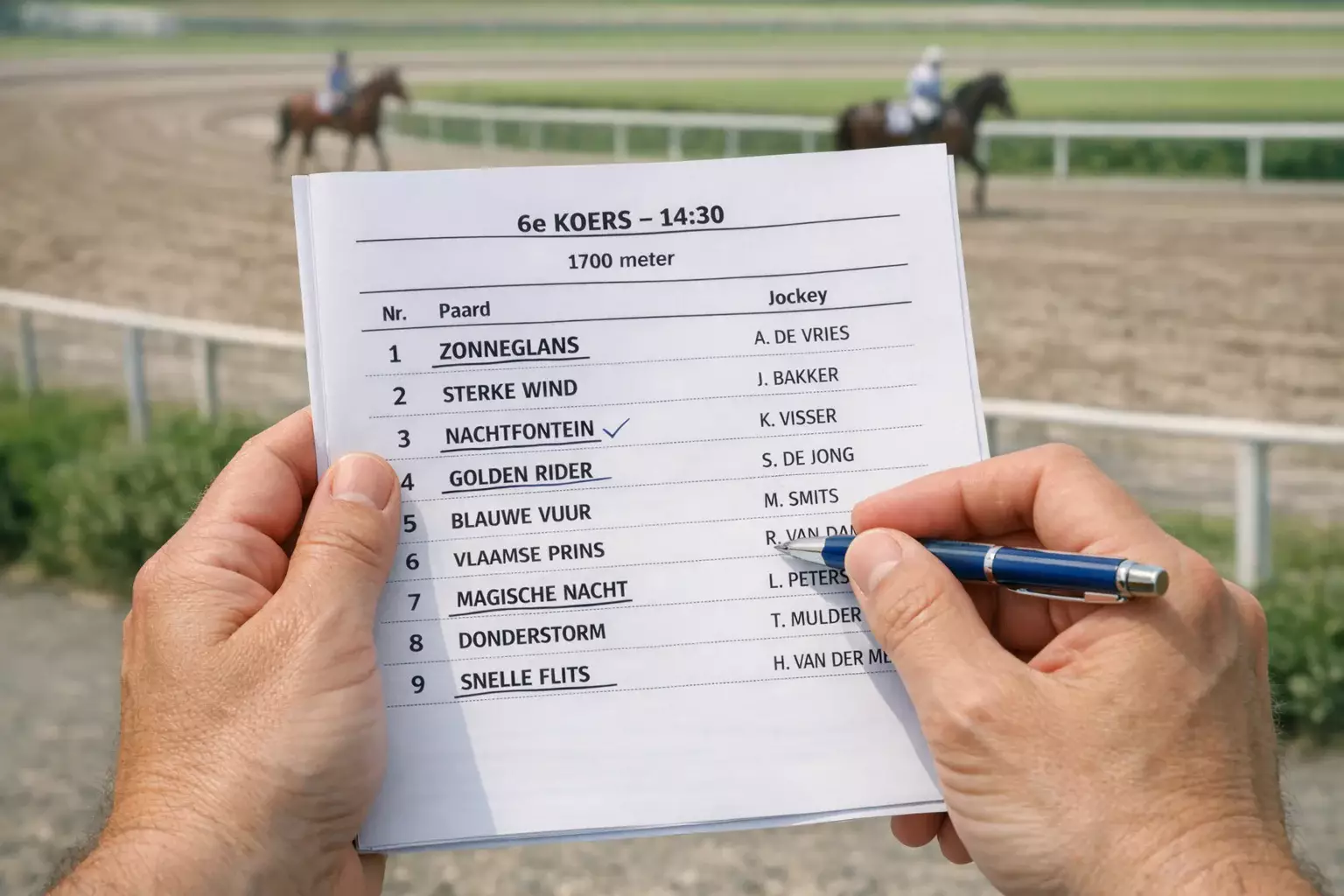 Handen houden een programmaboekje vast met paardenraces en statistieken