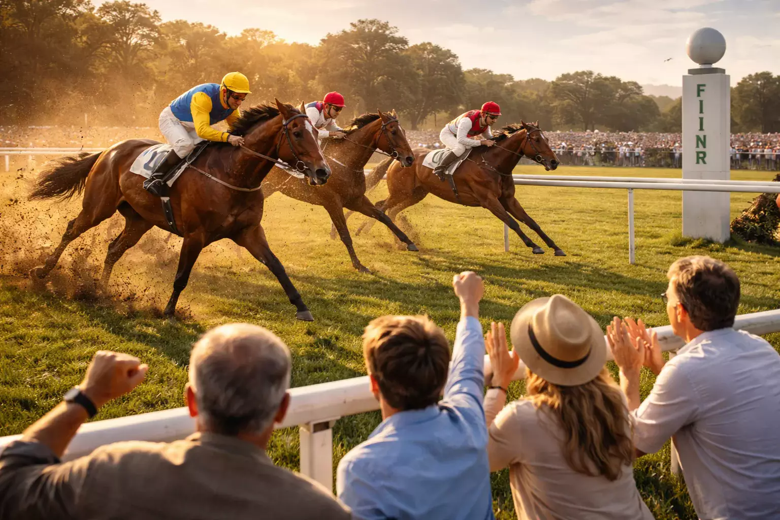 Groep mensen kijkt gespannen naar een paardenrace bij de finish