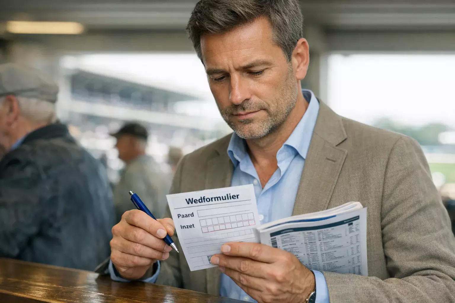Wedder bestudeert het wedformulier bij de renbaan