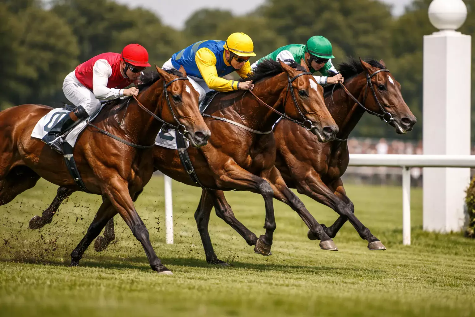 Drie paarden strijden om de finish tijdens een paardenrace