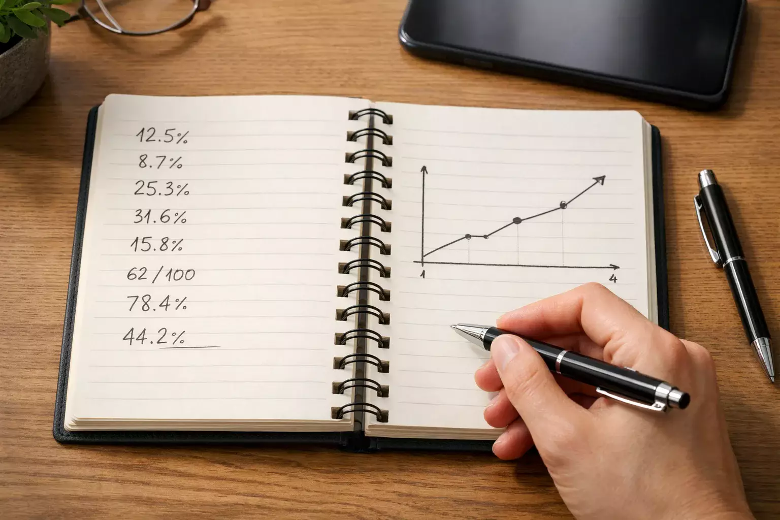 Persoon maakt aantekeningen in notitieboek met bedragen