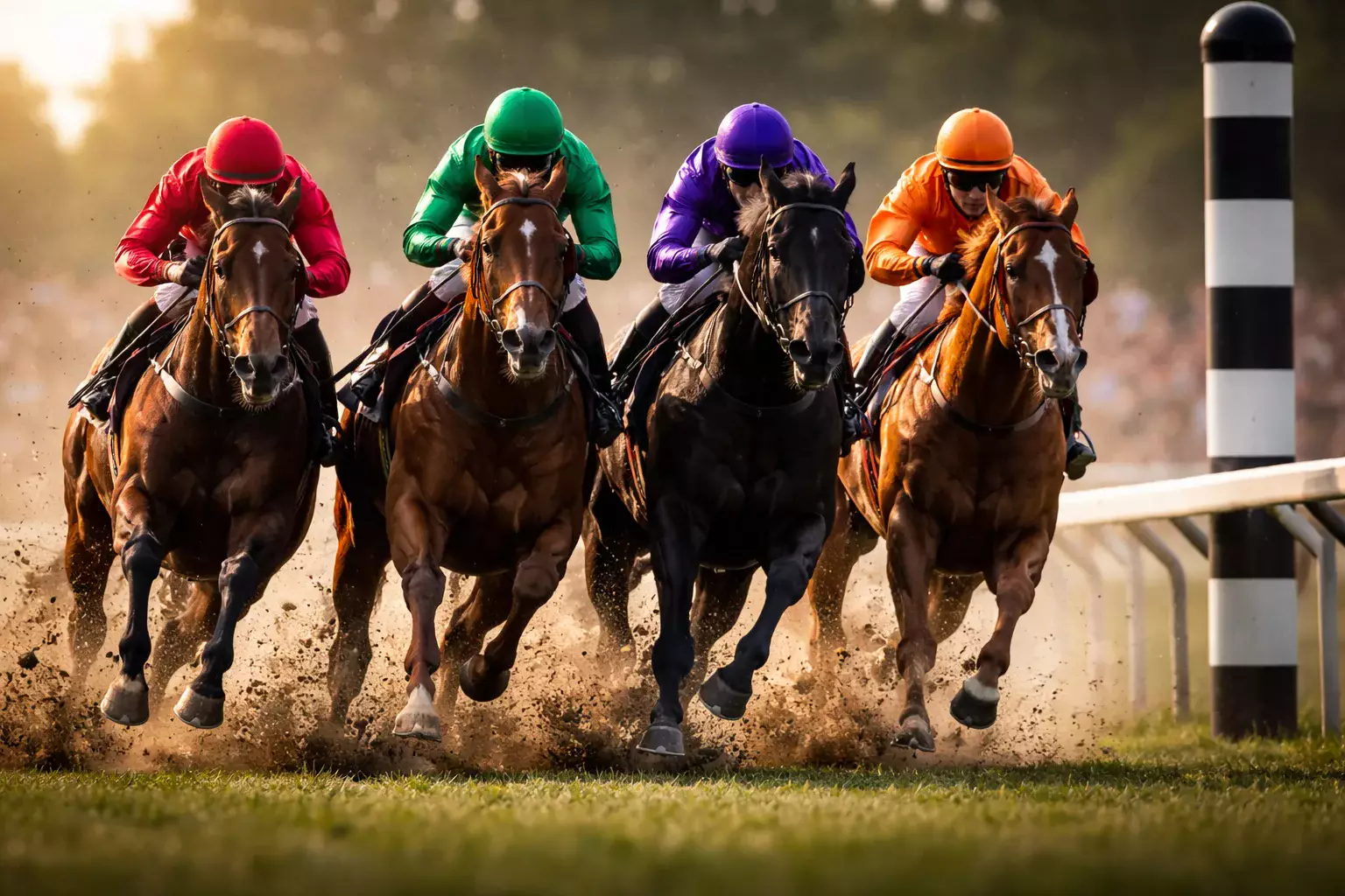 Vier paarden in volle galop naderen de finishlijn schouder aan schouder op een renbaan