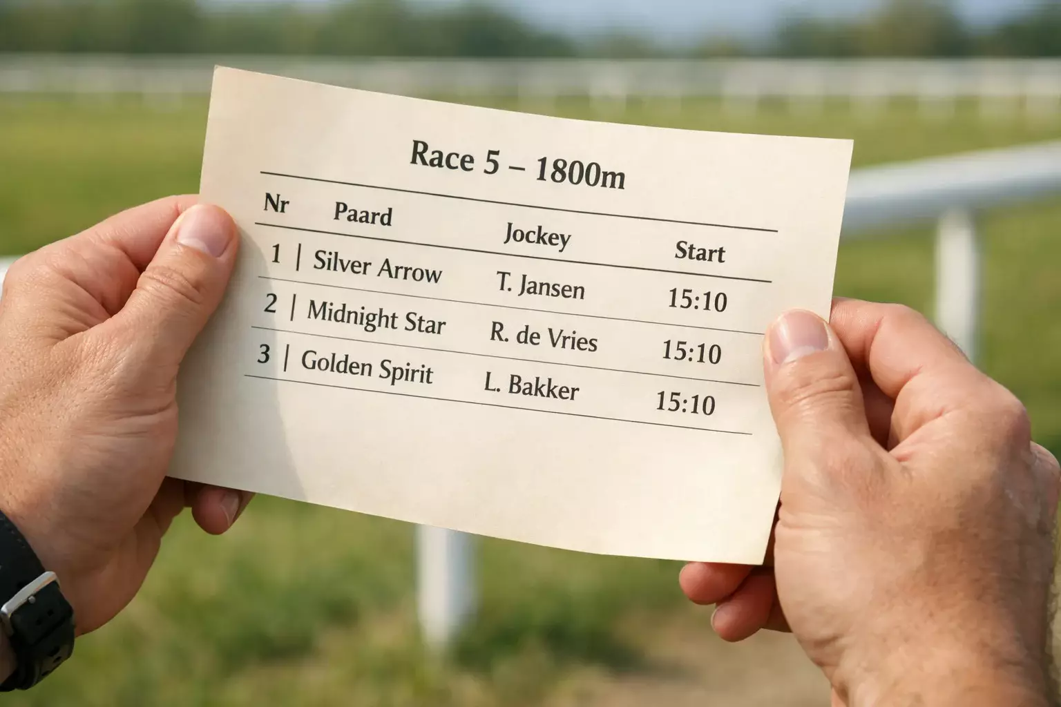 Handen die een gedrukt raceprogramma vasthouden bij een paardenrenbaan met groene baan op de achtergrond