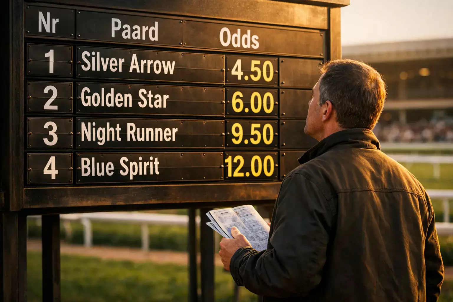 Wedder bestudeert een groot oddsbord bij een hippodroom met zonlicht op de cijfers