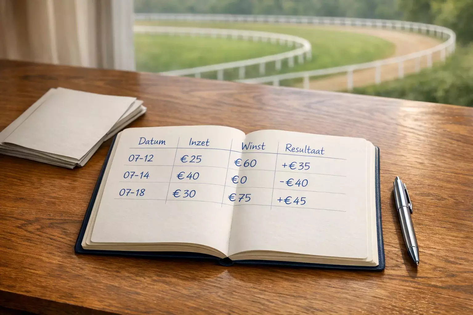 Notitieboekje met pen op een tafel naast een renbaan met kolommen van cijfers en aantekeningen