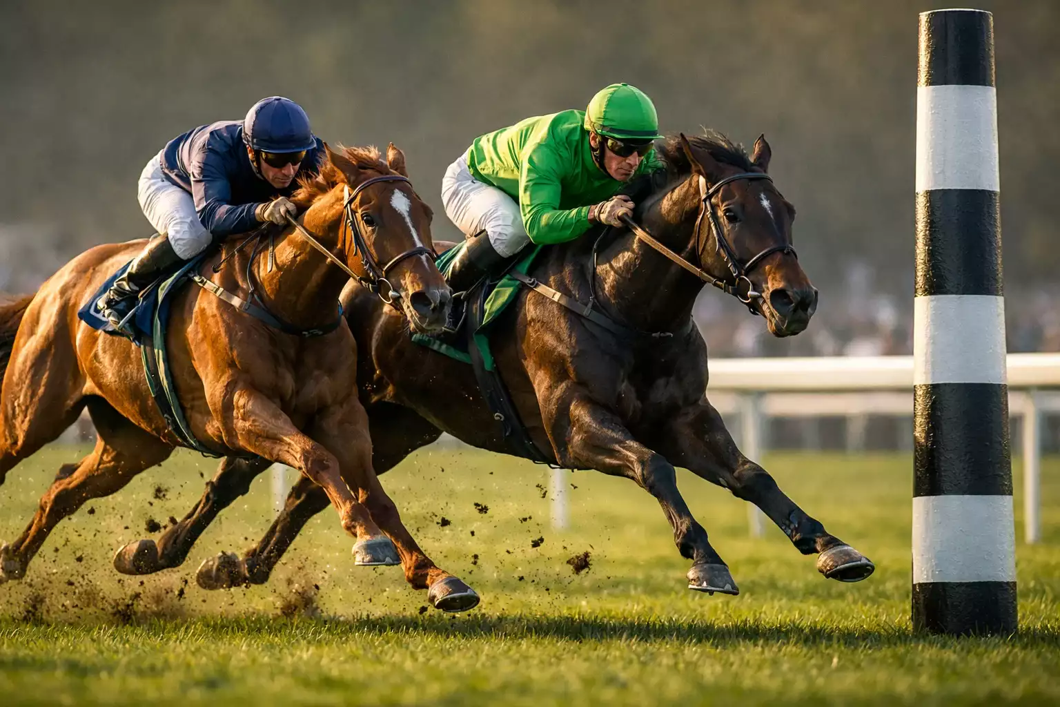 Outsiderpaard dat de favoriet inhaalt vlak voor de finishlijn op een galopbaan