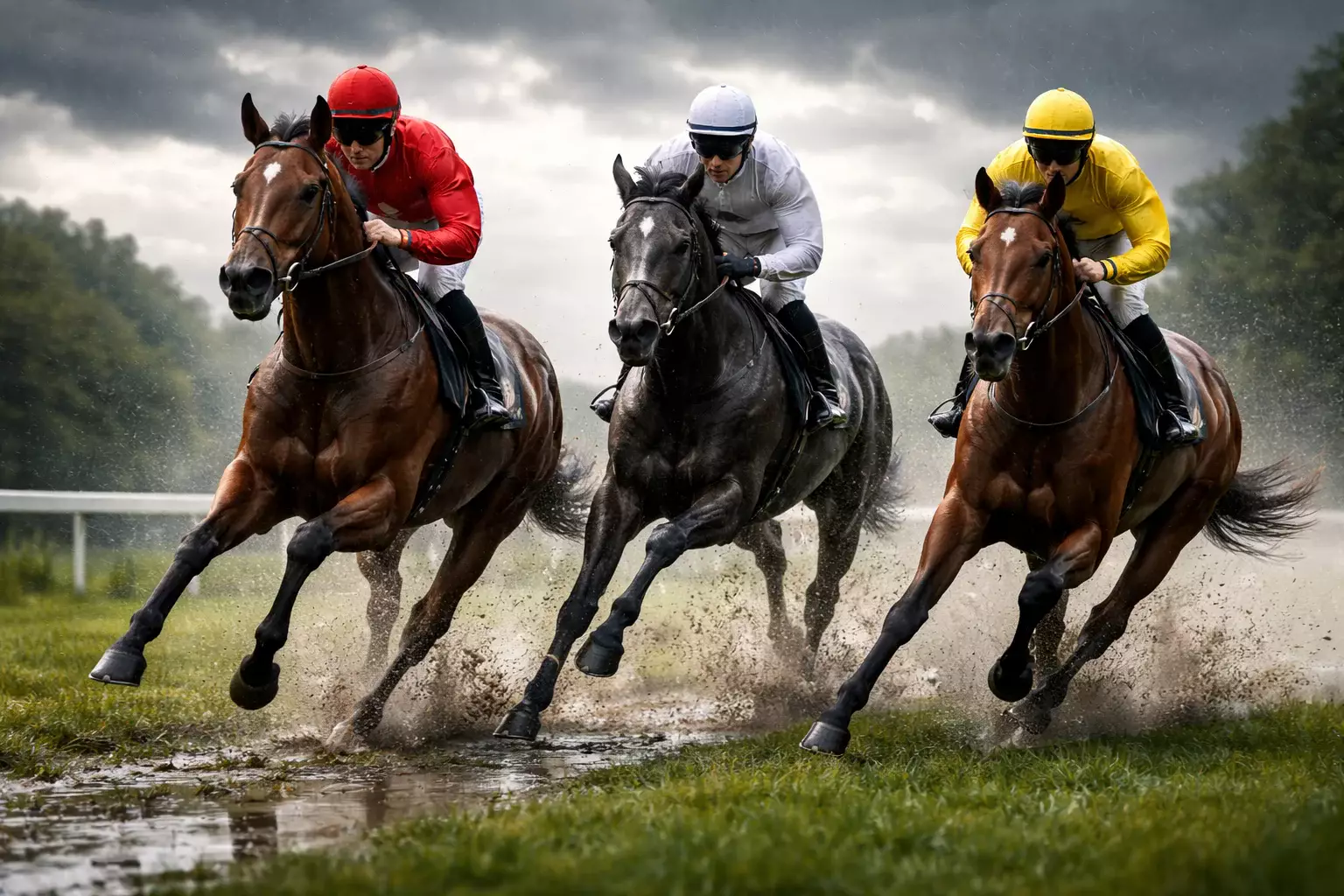 Paarden galopperen over een natte grasbaan met opspattend water onder de hoeven bij bewolkt weer