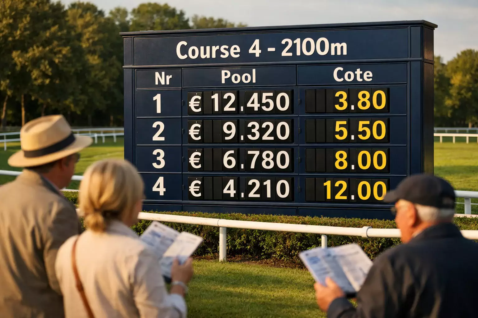 Totalisatorbord bij een Franse hippodroom met poolbedragen en paardennummers in warm licht