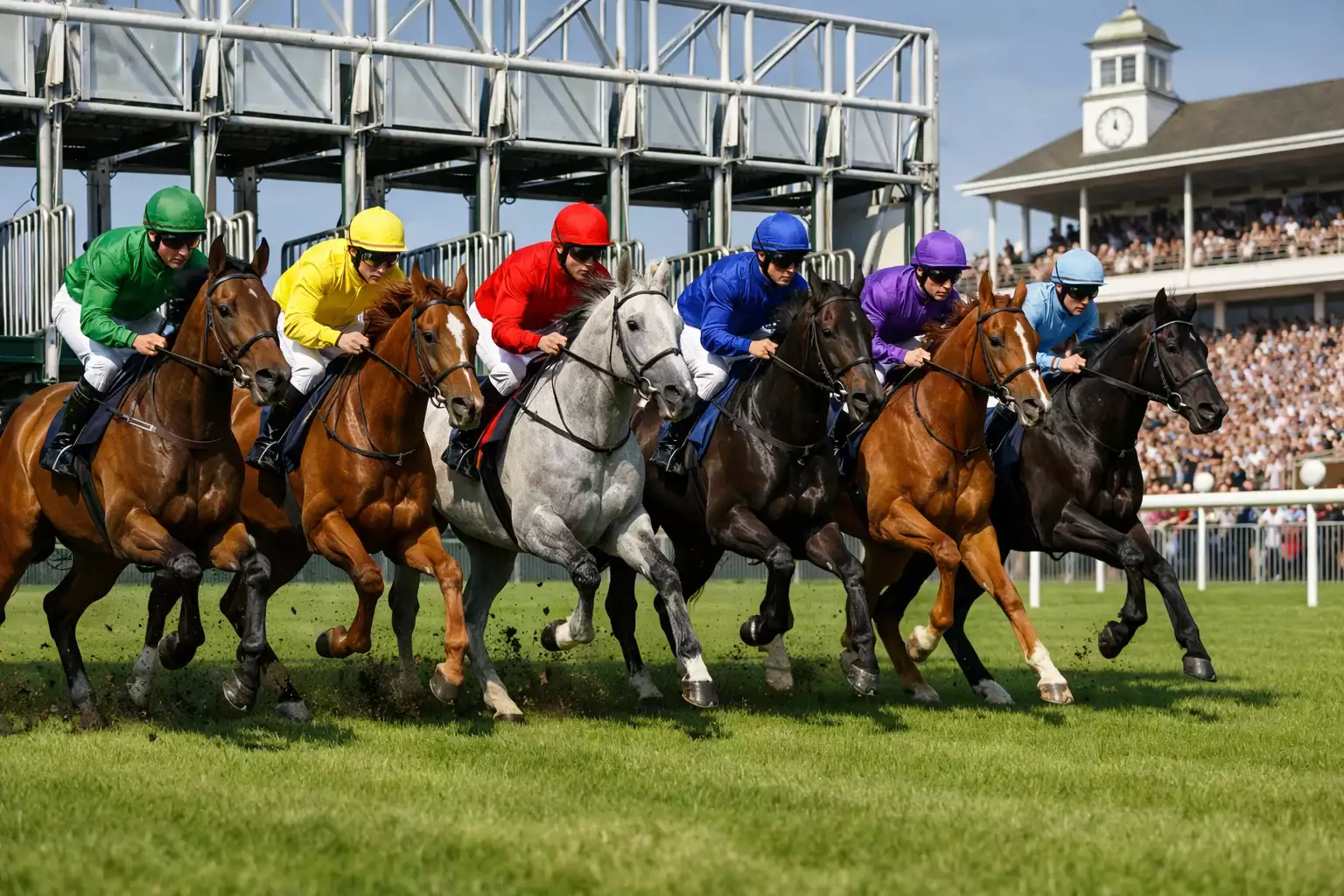 Britse hippodroom met volle tribune en paarden die starten uit de startboxen op een grasbaan