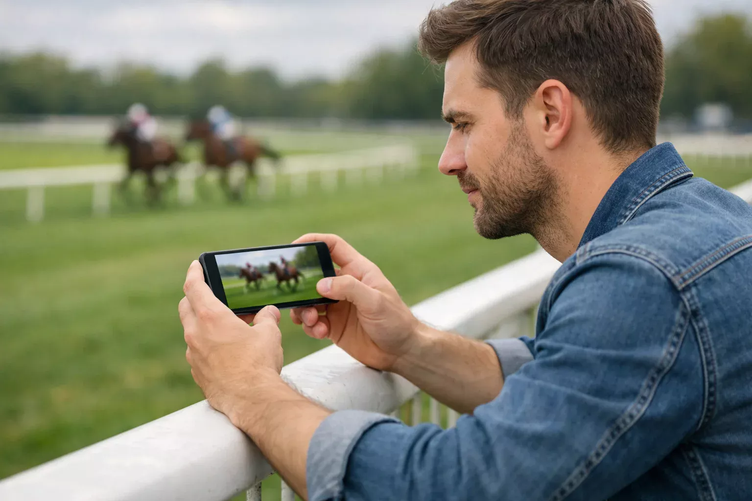 Persoon die op een smartphone een paardenrace volgt bij een renbaan met groene baan op achtergrond