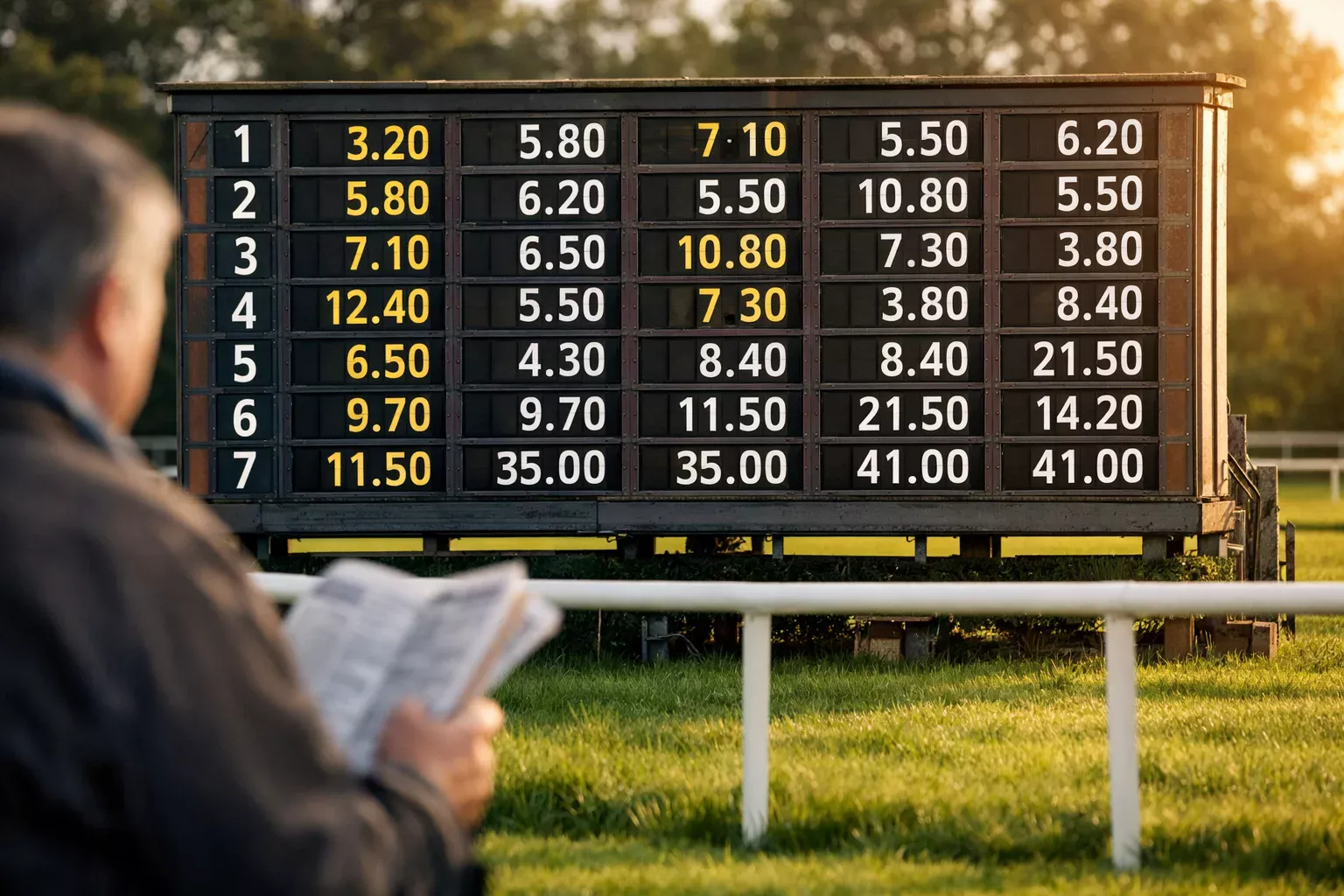 Groot oddsbord op een hippodroom met paardennummers en wisselende cijfers bij daglicht