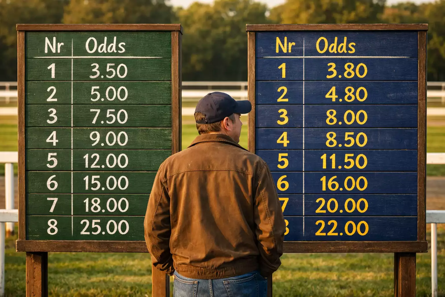Twee oddsborden naast elkaar bij een hippodroom met verschillende cijfers voor dezelfde paarden