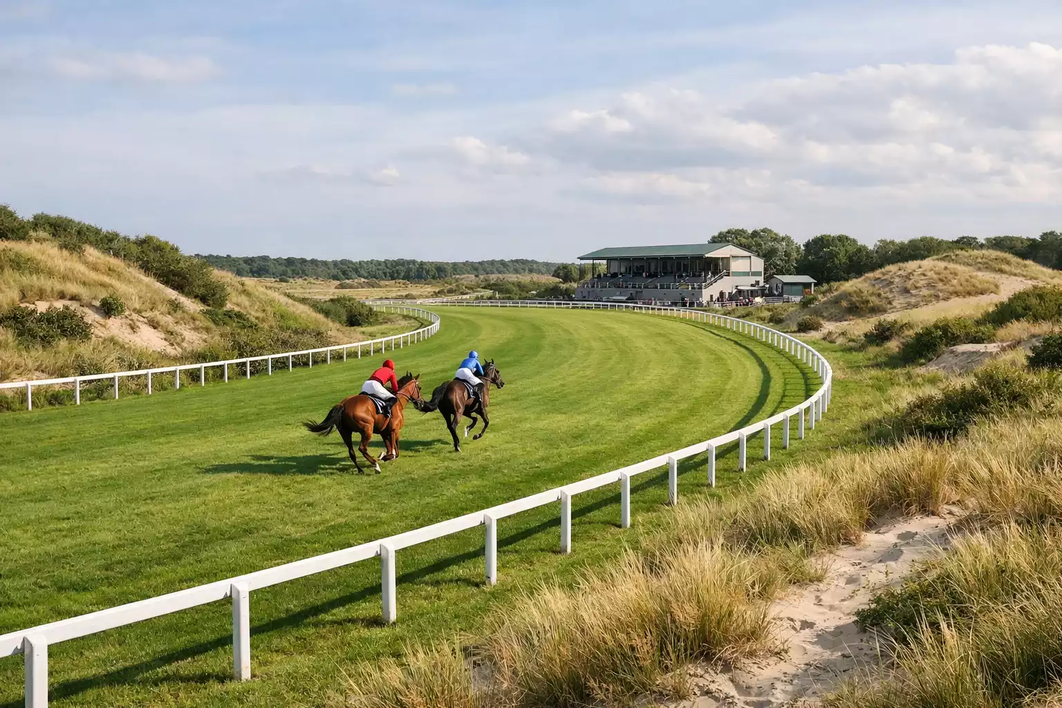 Panorama van Renbaan Duindigt met groene grasbaan door duinlandschap en tribune op de achtergrond