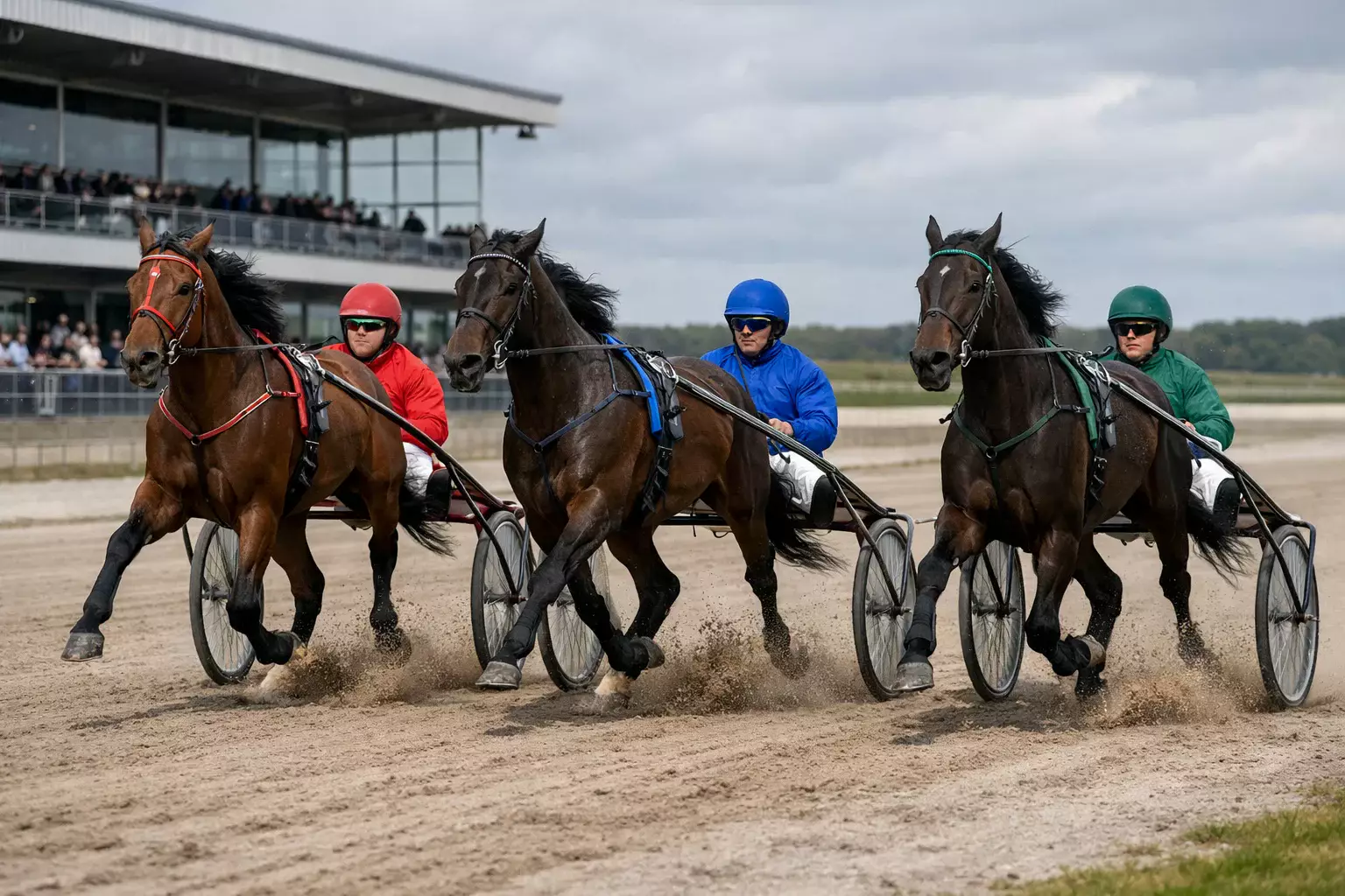 Dravers met sulky op de zandbaan van Wolvega met tribune en Fries landschap op de achtergrond