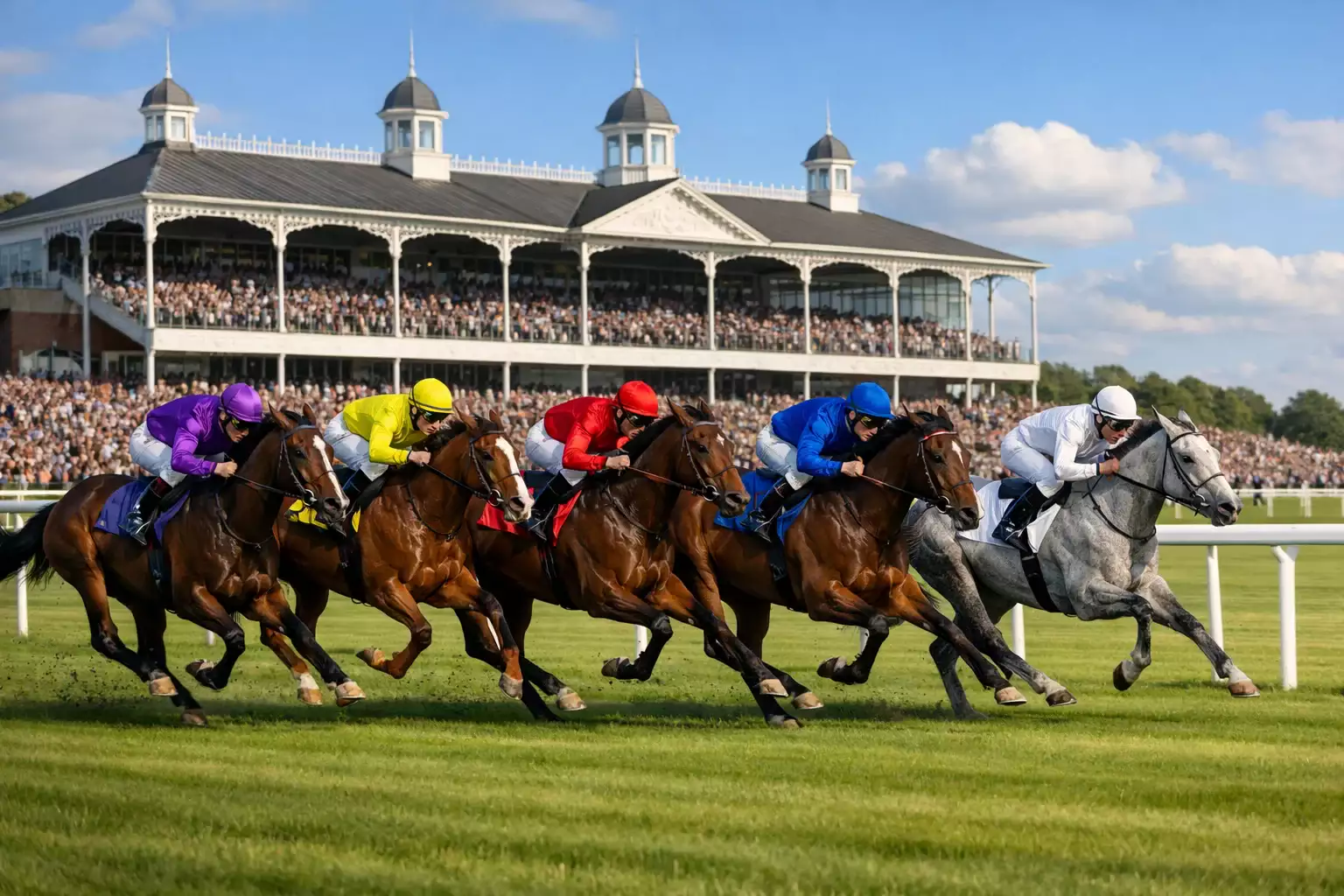 Paarden in volle galop op de groene baan van Royal Ascot met de iconische tribune op de achtergrond