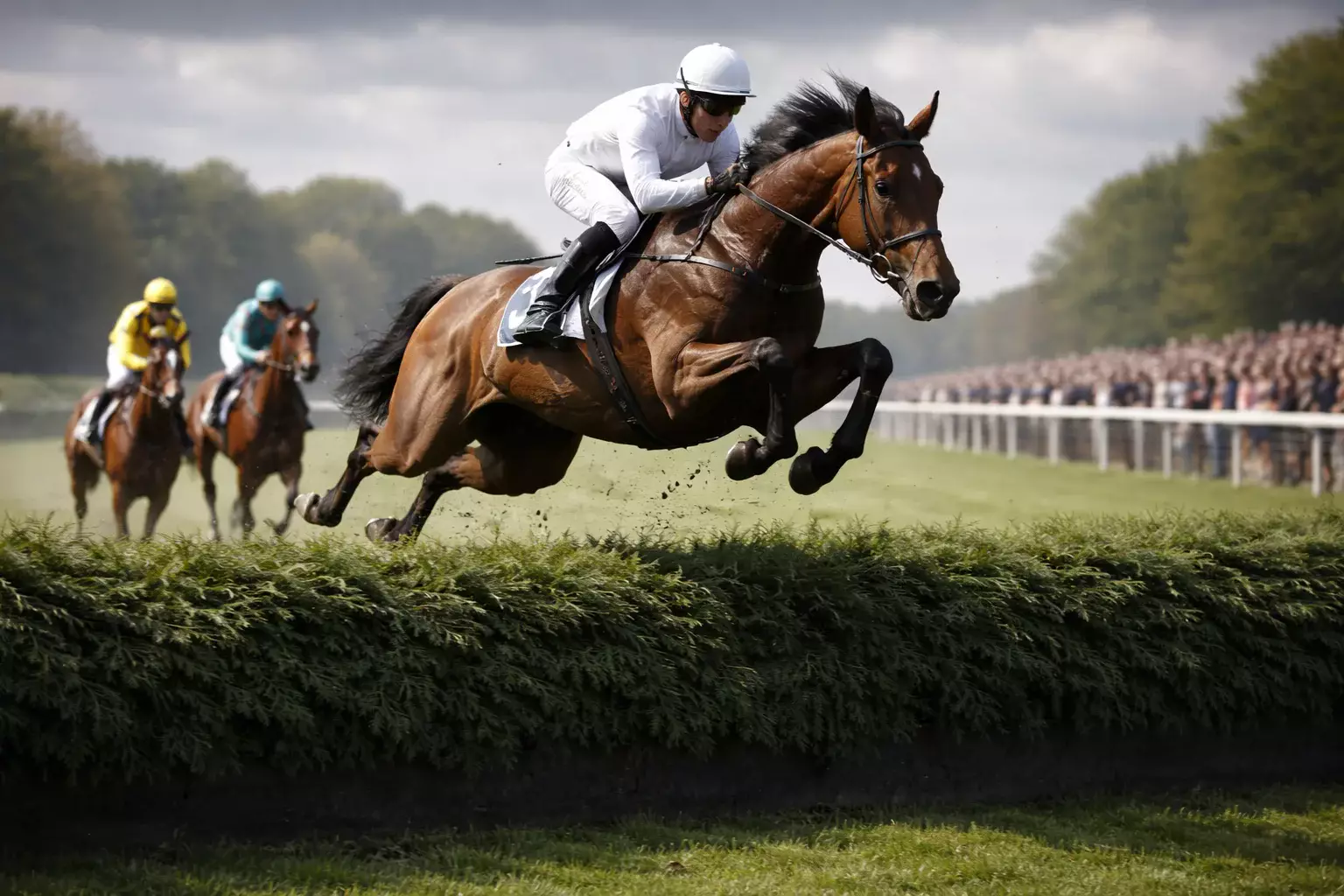Paard springt over een grote groene hindernis op Aintree met jockey in actie en publiek op achtergrond