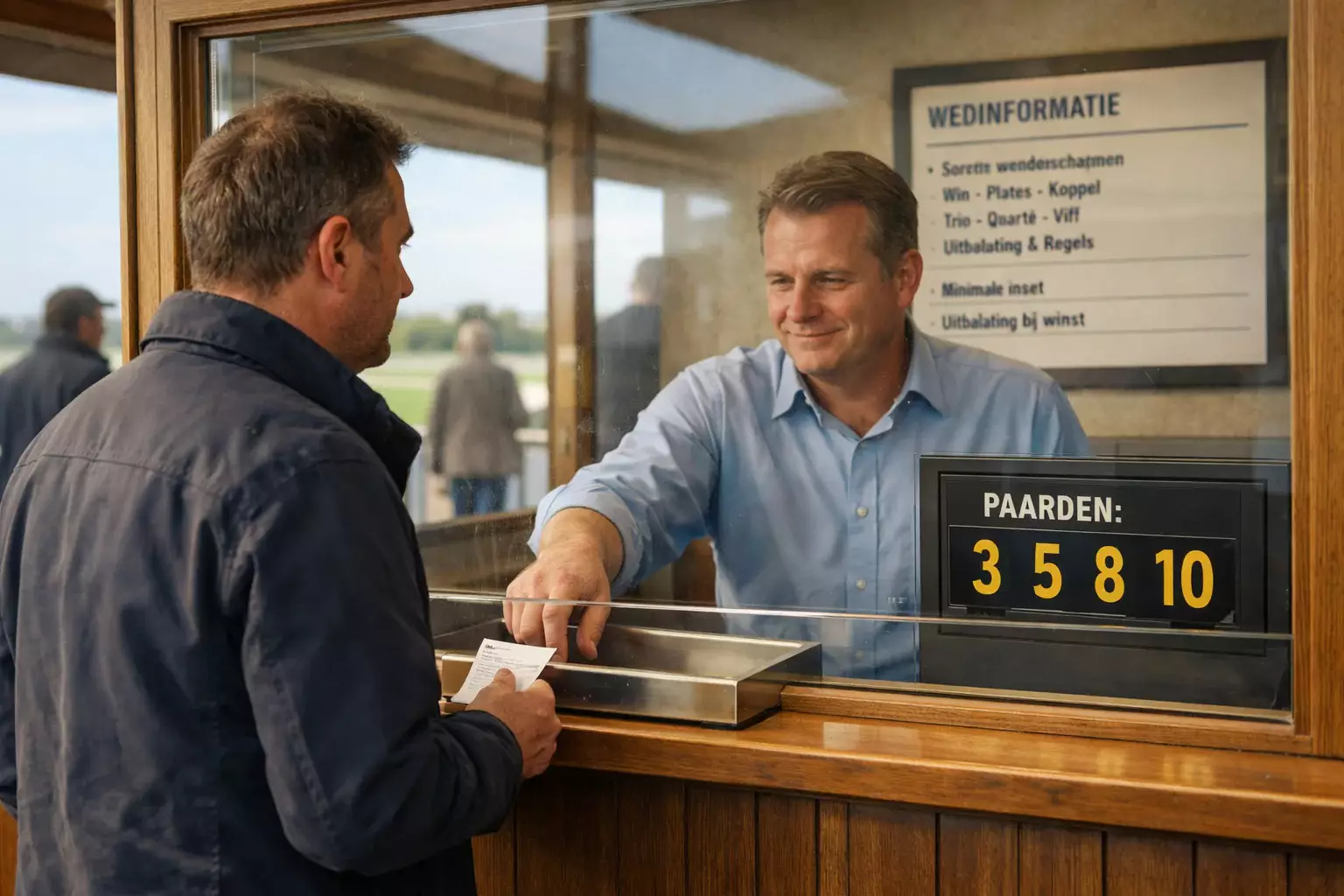 Nederlandse hippodroom met totalisatorloket en bezoekers die weddenschappen plaatsen op een zonnige dag