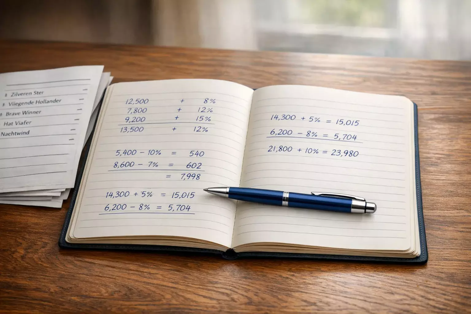 Notitieboekje met berekeningen naast een raceprogramma op een houten tafel bij daglicht