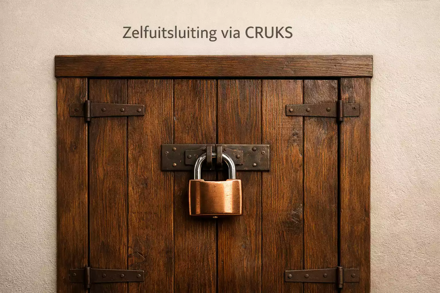 Gesloten houten deur met een hangslot in warm licht als symbool voor zelfuitsluiting en bescherming