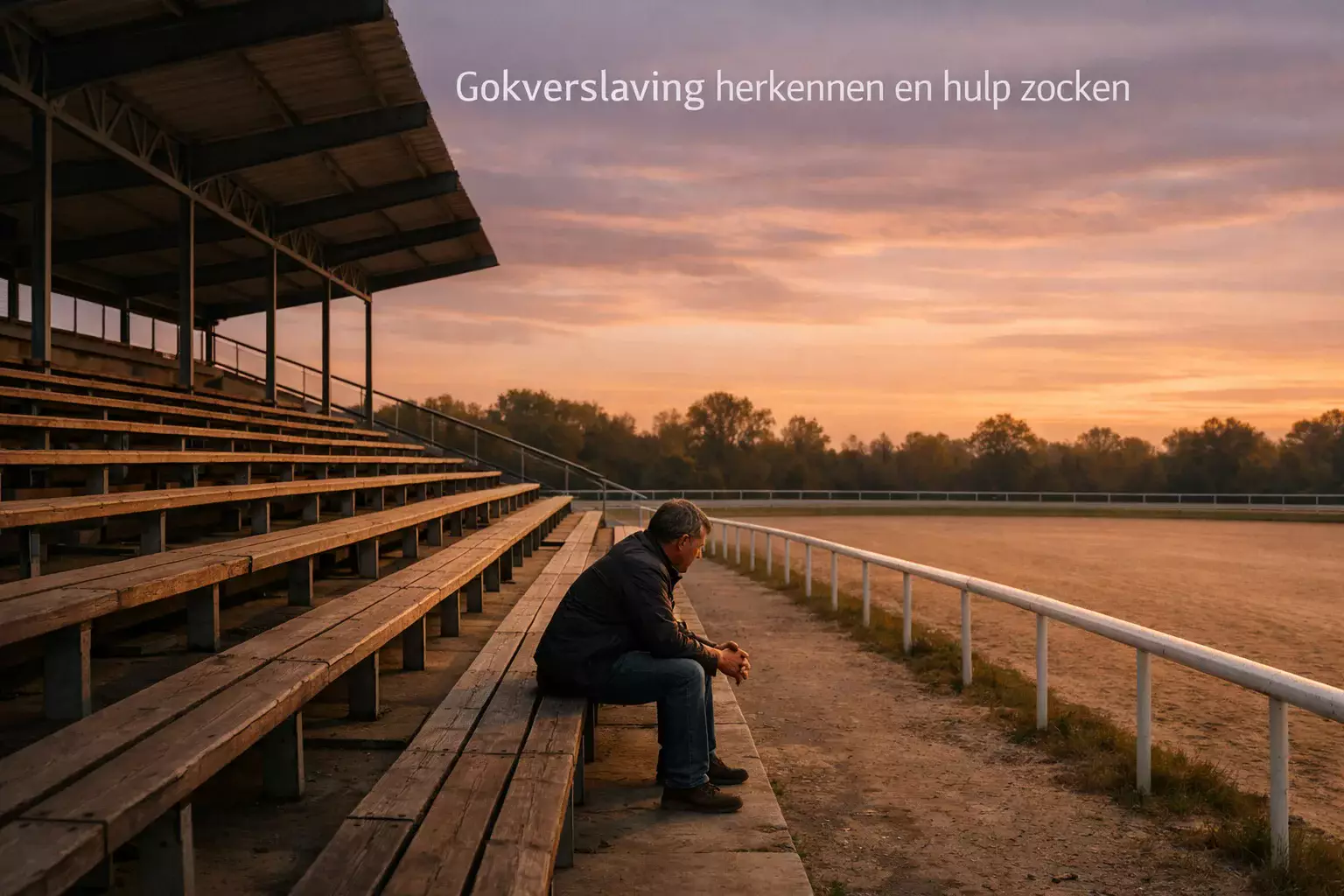 Lege tribune bij een renbaan in avondlicht met één persoon die uitkijkt over de verlaten baan