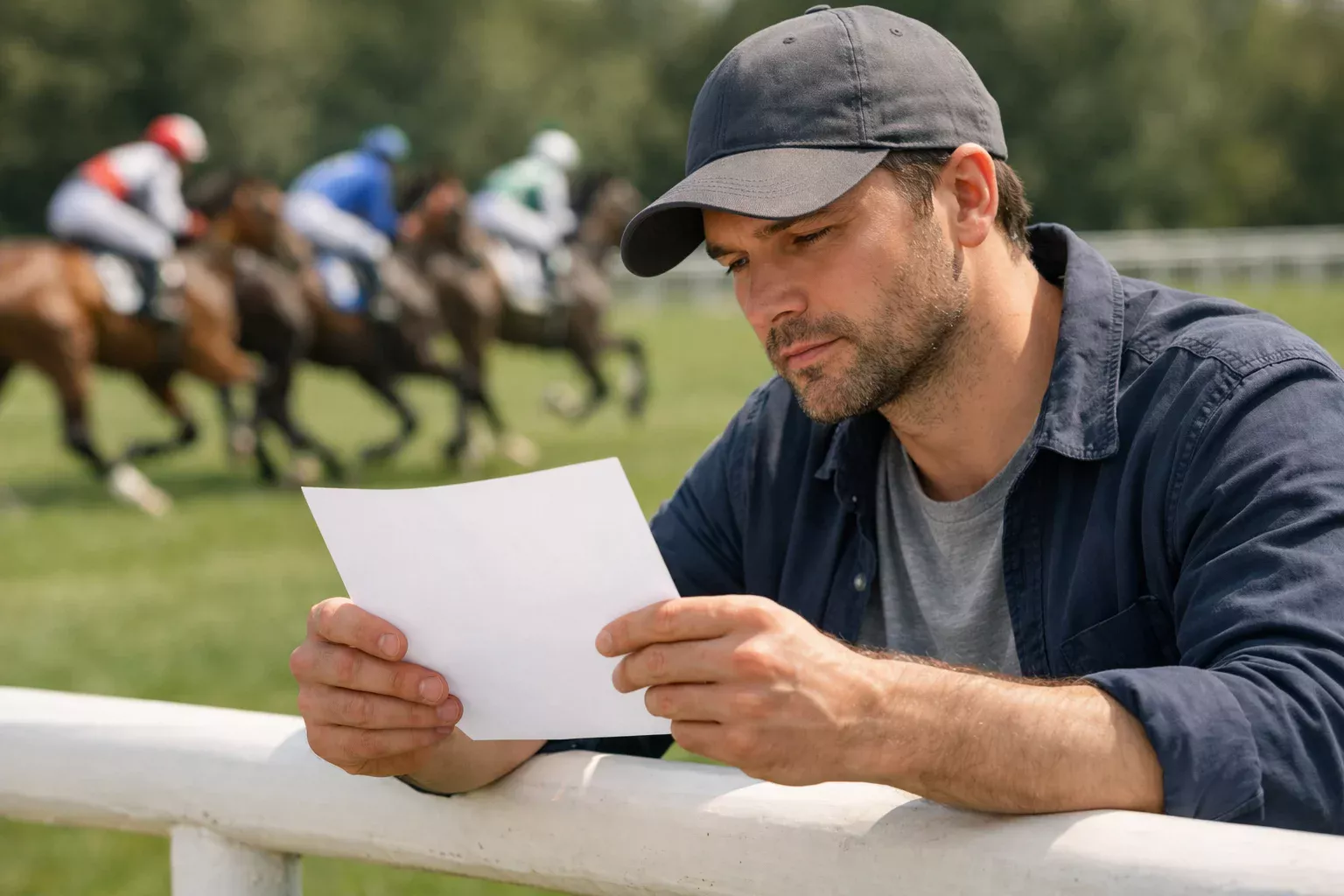 Persoon bij een renbaan die een wedformulier vasthoudt met rennende paarden op de achtergrond