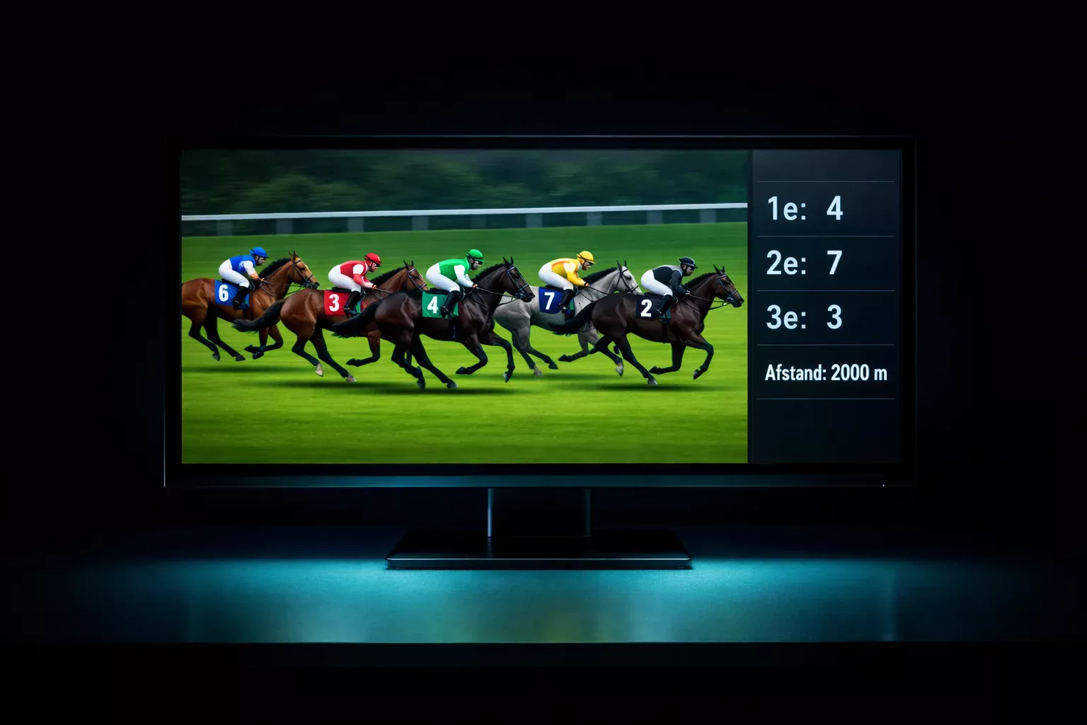 Computerscherm met een geanimeerde paardenrace in een donkere kamer met zacht blauw licht