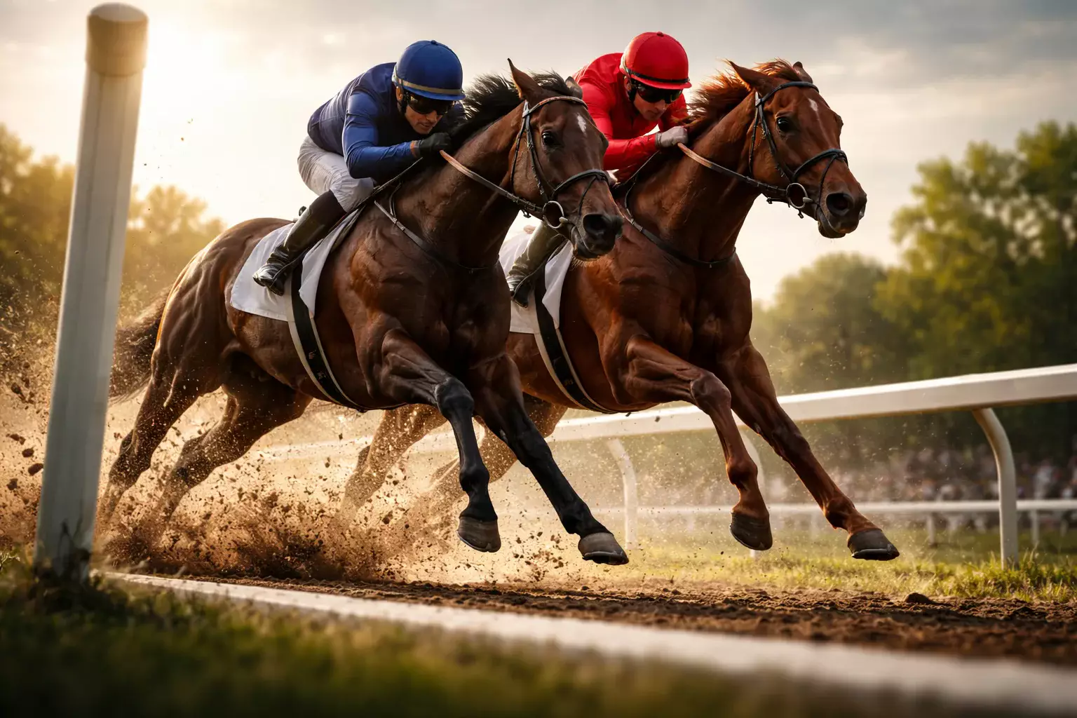 Dramatische fotofinish van een paardenrace met opspattend zand en gespannen jockeys
