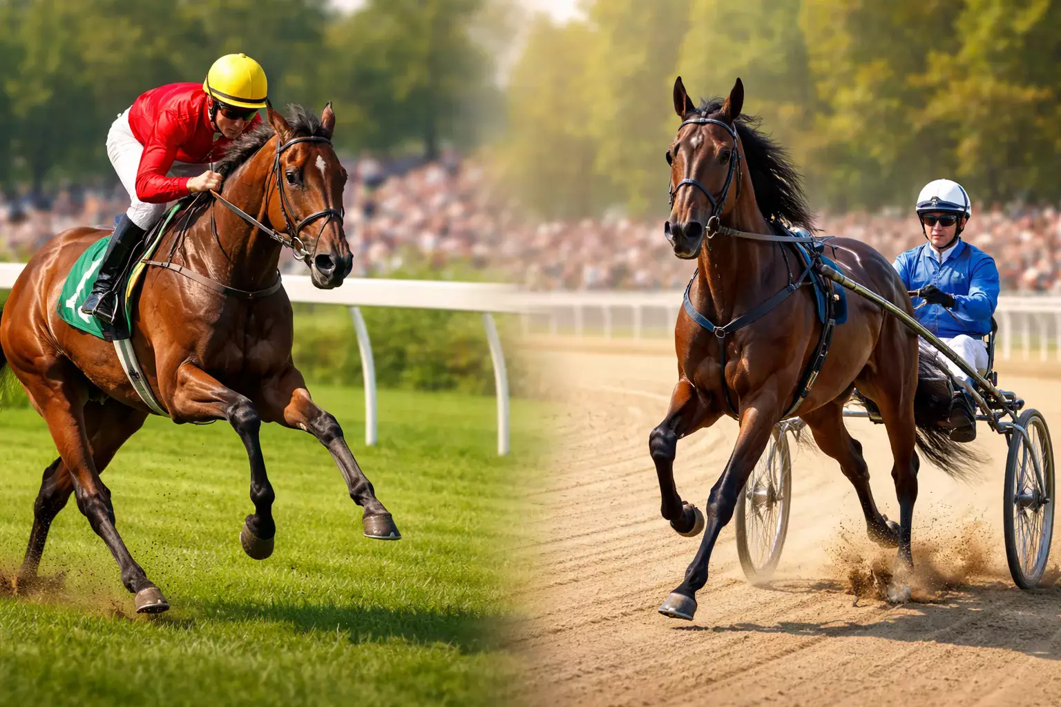 Galopperende volbloed op een groene grasbaan naast een draver met sulky op zand