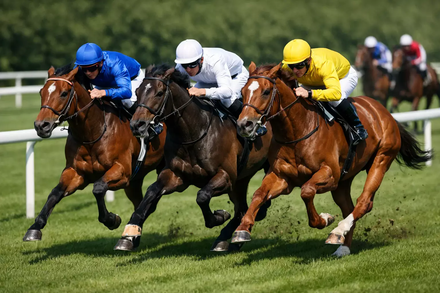 Groep paarden in een nek-aan-nekrace op een galopbaan met drie koplopers dicht bij elkaar