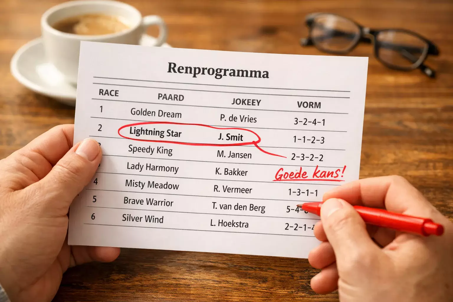 Expert bestudeert racecard met paardenstatistieken en vorm