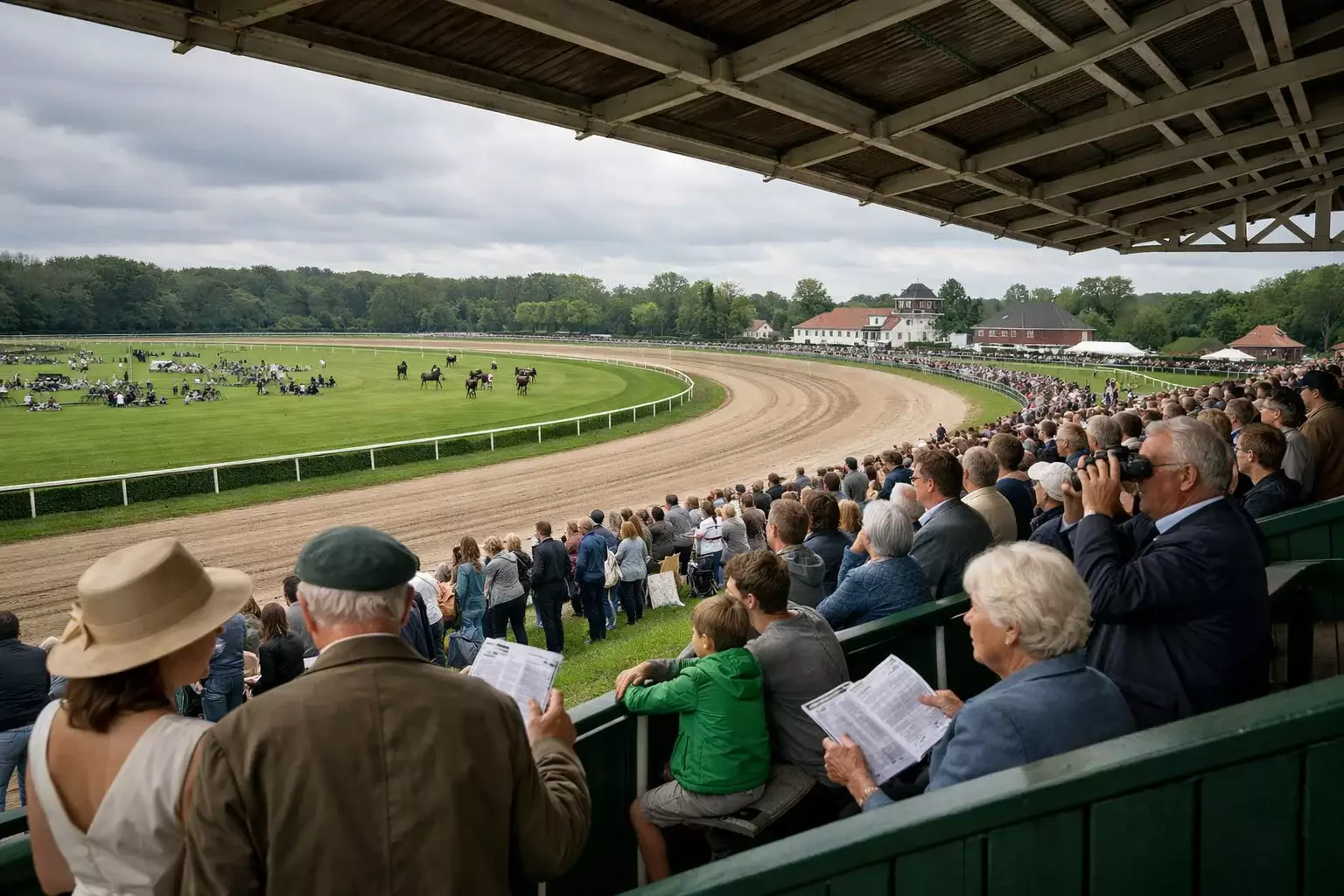 Renbaan Duindigt met publiek en paarden op koersdag